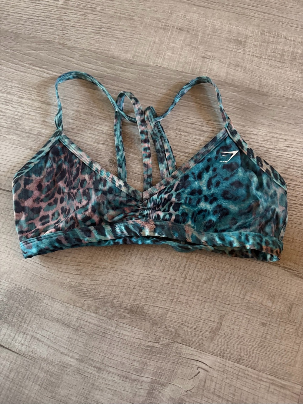 Gymshark Teal and Brown Leopard-Print Strappy Sports Bra